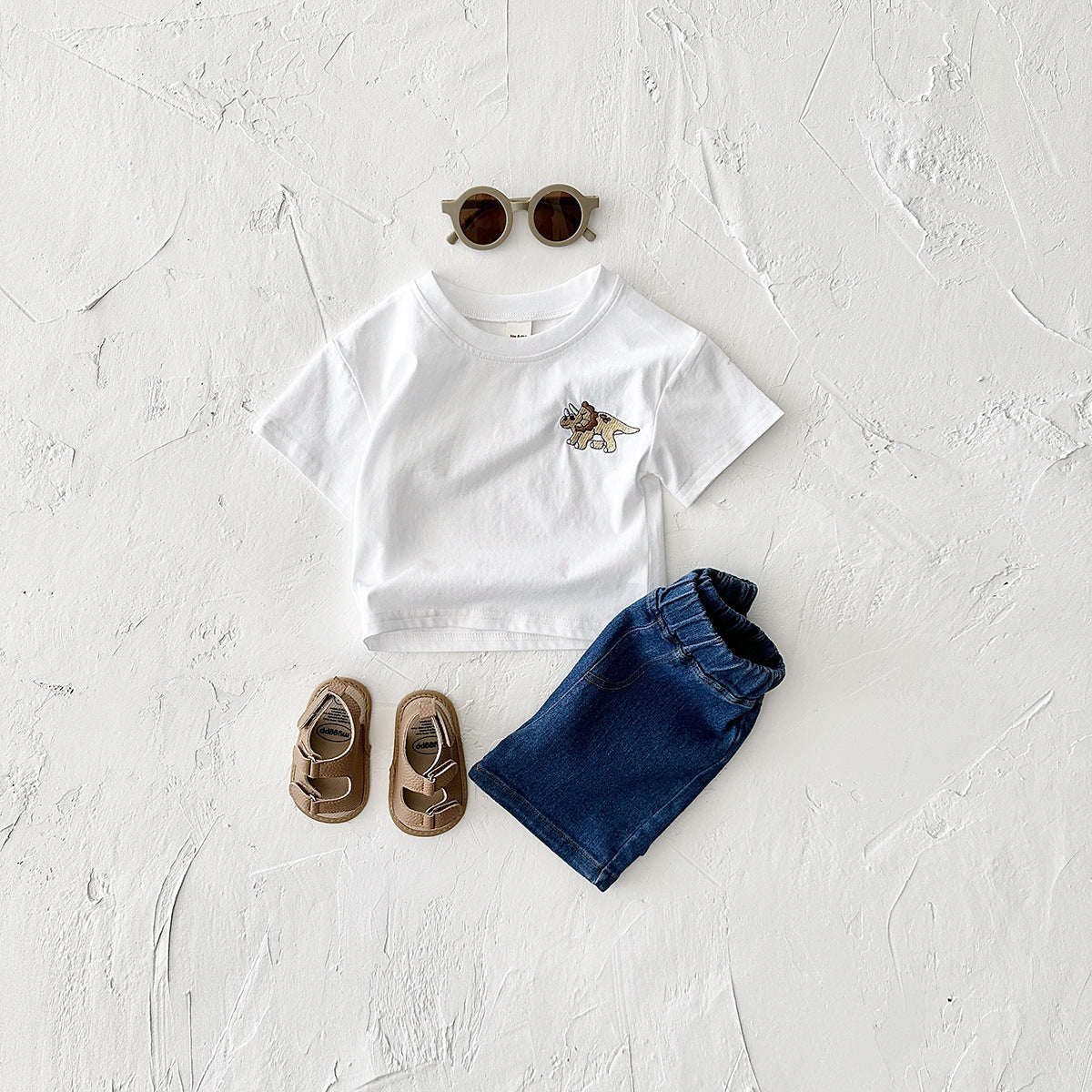 Children's Cartoon Dinosaur Embroidery Short Sleeved Set
