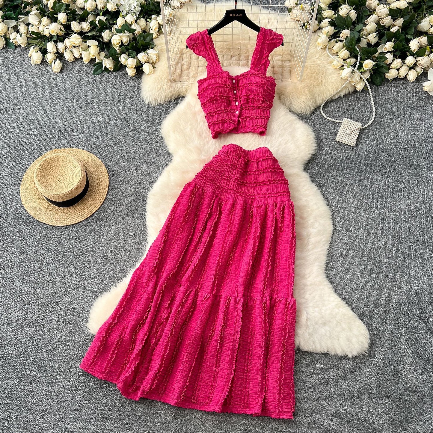 Suspender Top High Waist Crimp Skirt Two-piece Suit