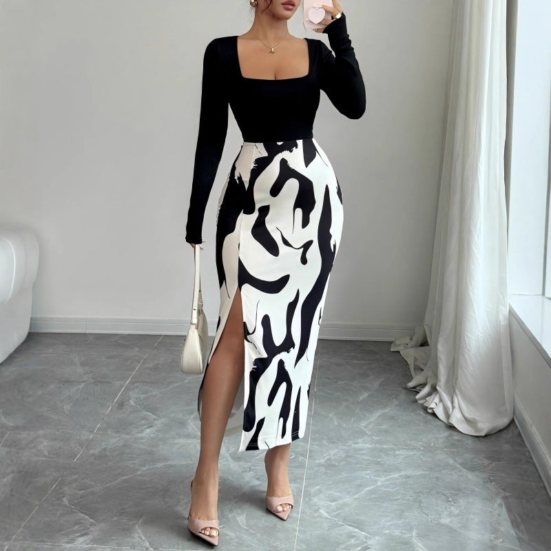 Fashionable Printed Slim-Fit Long-Sleeve Slit Dress