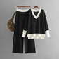 Women's V-collar Contrast Color Knitted Loose Wide-leg Pants Two-piece Set