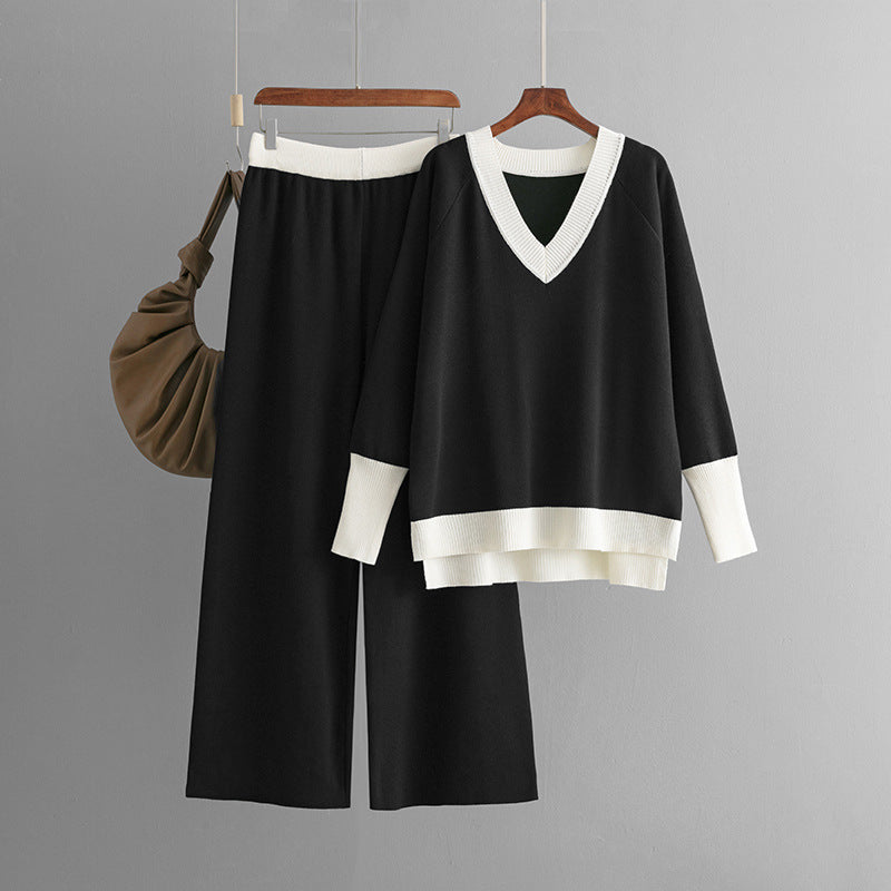 Women's V-collar Contrast Color Knitted Loose Wide-leg Pants Two-piece Set