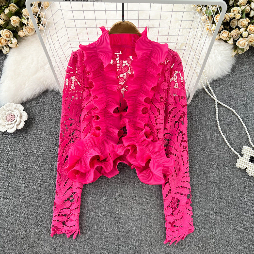Retro Temperament V-neck Ruffled Lace Top