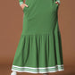 Sporty Retro Striped Square Neck Ruffled Green Cotton T Shirt And Skirt Set