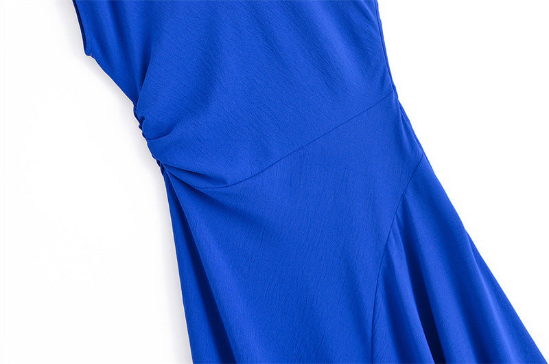 Blue Asymmetric Buckle Shoulder Sleeveless Suspender Dress