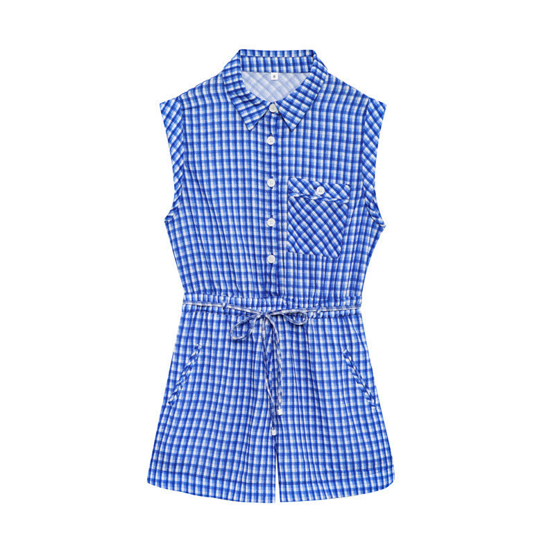 Plaid Simple Sleeveless Lapel One-piece Shorts