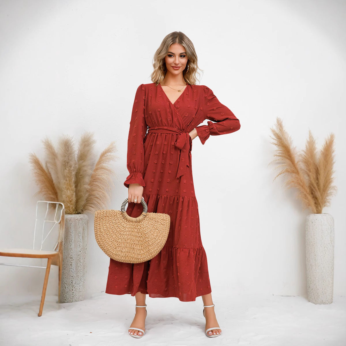 Solid Color Wide Hem Casual Dress Women's Clothing