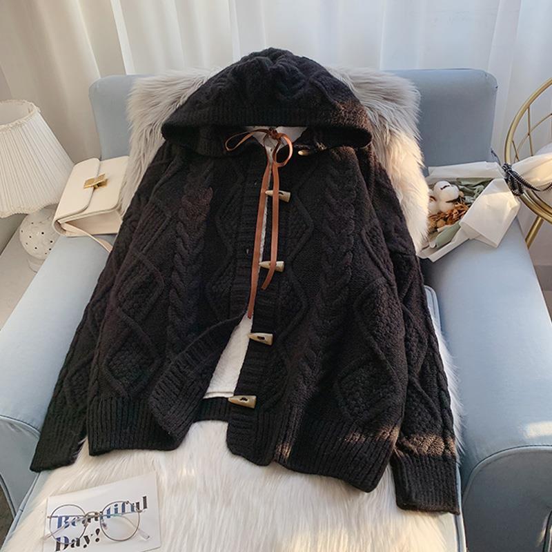 Horn Button Hooded Twist Sweater Jacket