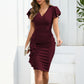 V-neck Pleated Elegant Office Lady Sheath Skirt Dress