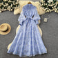 French Romantic Style Stand Collar Lantern Sleeve Heavy Embroidery Dress