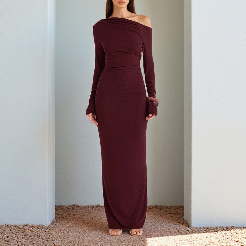 Oblique Shoulder Backless Long Sleeve Slim Dress Women Ins