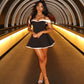 Women's Black And White Patchwork Summer Dress Y2K Trend Slash Neck Backless Sweet Girl Chic Ruched Mini Bodycon Streetwear