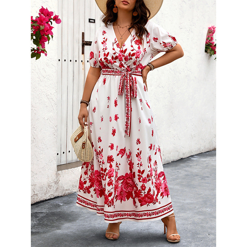 Retro V-neck Printing Dress European And American