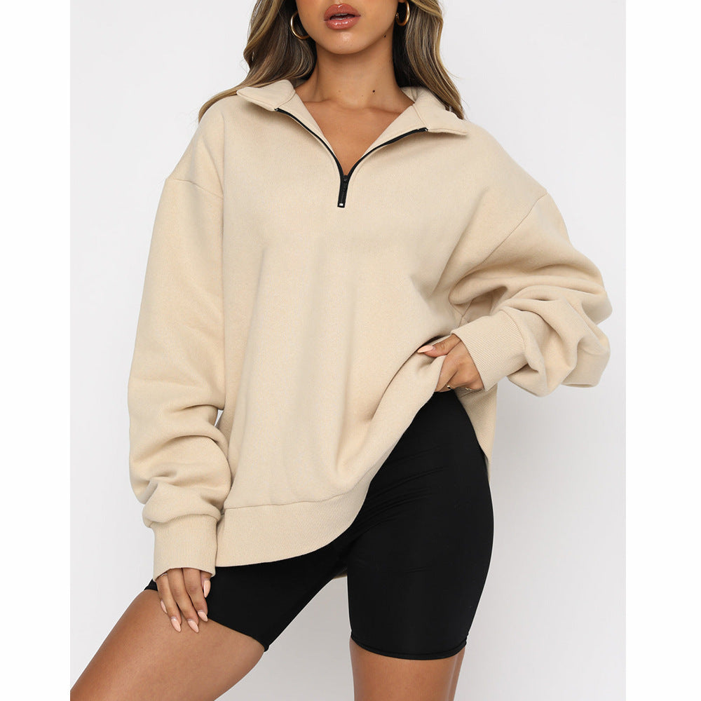Casual Top Half Zipper Pullover Long Sleeved Sweatshirt