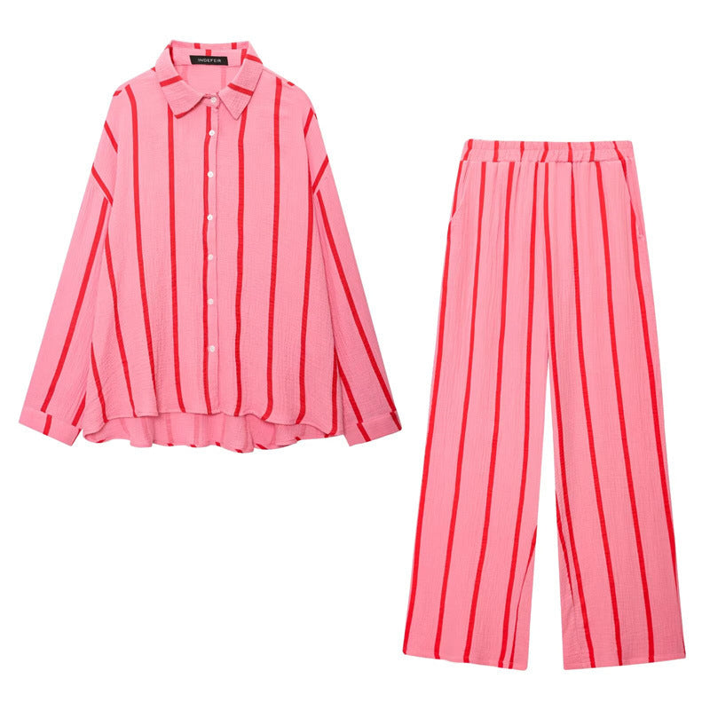 Summer Stripes Bubble Cotton Loose Casual Shirt Loose Casual Wide Leg Pants Suit