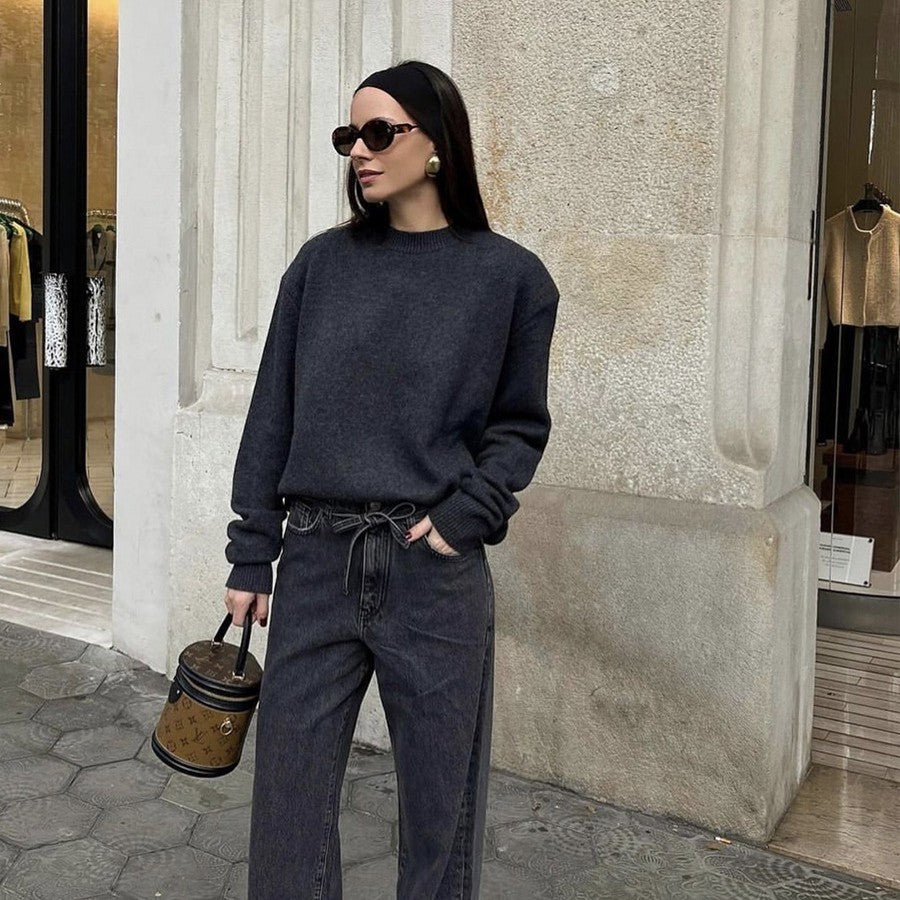 Solid Color Round Neck Sweater Women's Top