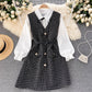 Women's Puff Sleeve Shirt Houndstooth Suspender Dress