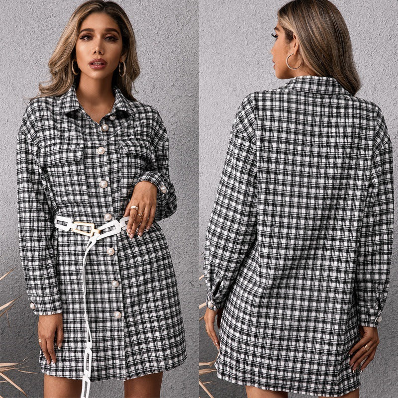 Ladies Casual Single-breasted Mid-length Plaid Shirt