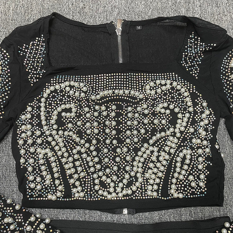 Women's Square Collar Heavy Industry Beads Rhinestone Long Sleeve Two-piece Suit
