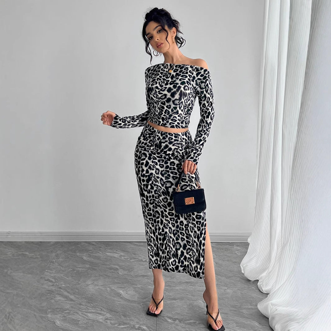 Leopard Print Two-piece Suit With Fitted Maxi Dress Suit