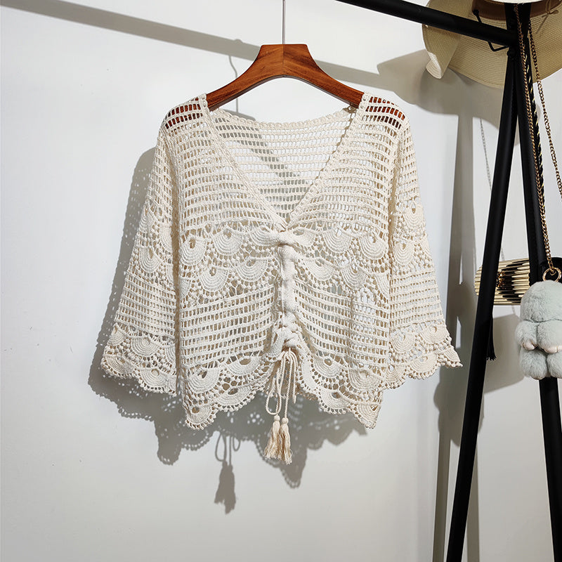 Drawstring Hollow V-neck Three-quarter Sleeve Sweater Women