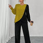 Round-neck Long-sleeve Soft Knit With Textured Color Blocks And Asymmetrical Design