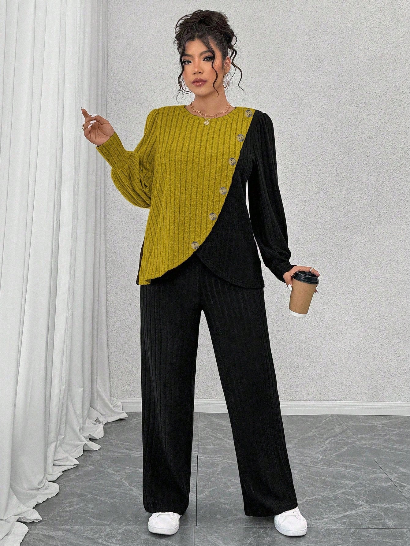 Round-neck Long-sleeve Soft Knit With Textured Color Blocks And Asymmetrical Design