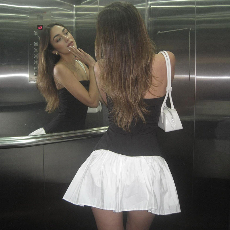 Women's Fashion Color Contrast Backless Slim Fit Tube Top Pleated Dress