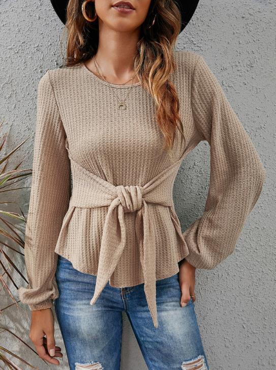 Round Neck Lantern Solid Color Long Sleeve Shirt