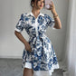 Simplicity Waist-controlled Printed Lace Up Short Sleeve Dress