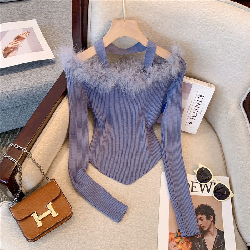 Super Fairy Fur Collar Off-shoulder Sweater Women's Design Sense Niche Off-shoulder Slim Top