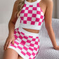 Color-contrast Check Midriff-baring Top Women's Suit
