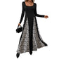 Elegant Retro Style Square Collar Long Sleeve Leopard Splicing Dress