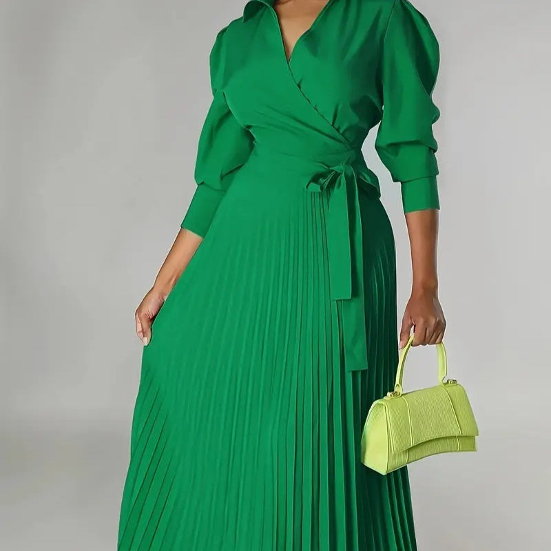 V-neck Long-sleeve Coat-pressed Dress With A Cinched Waist For Women