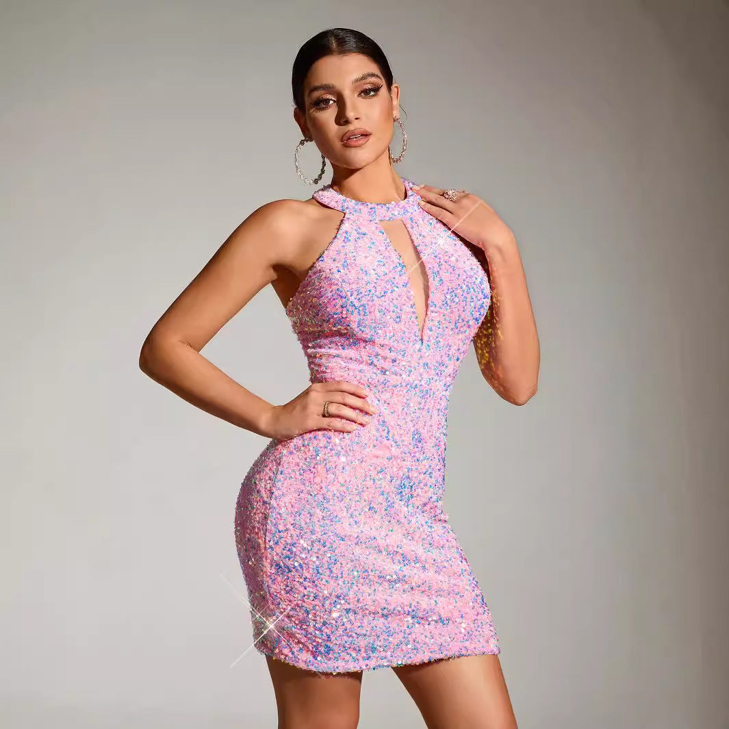 European And American Style Women's Wear Sequins Dress Round Neck Sleeveless Sheath
