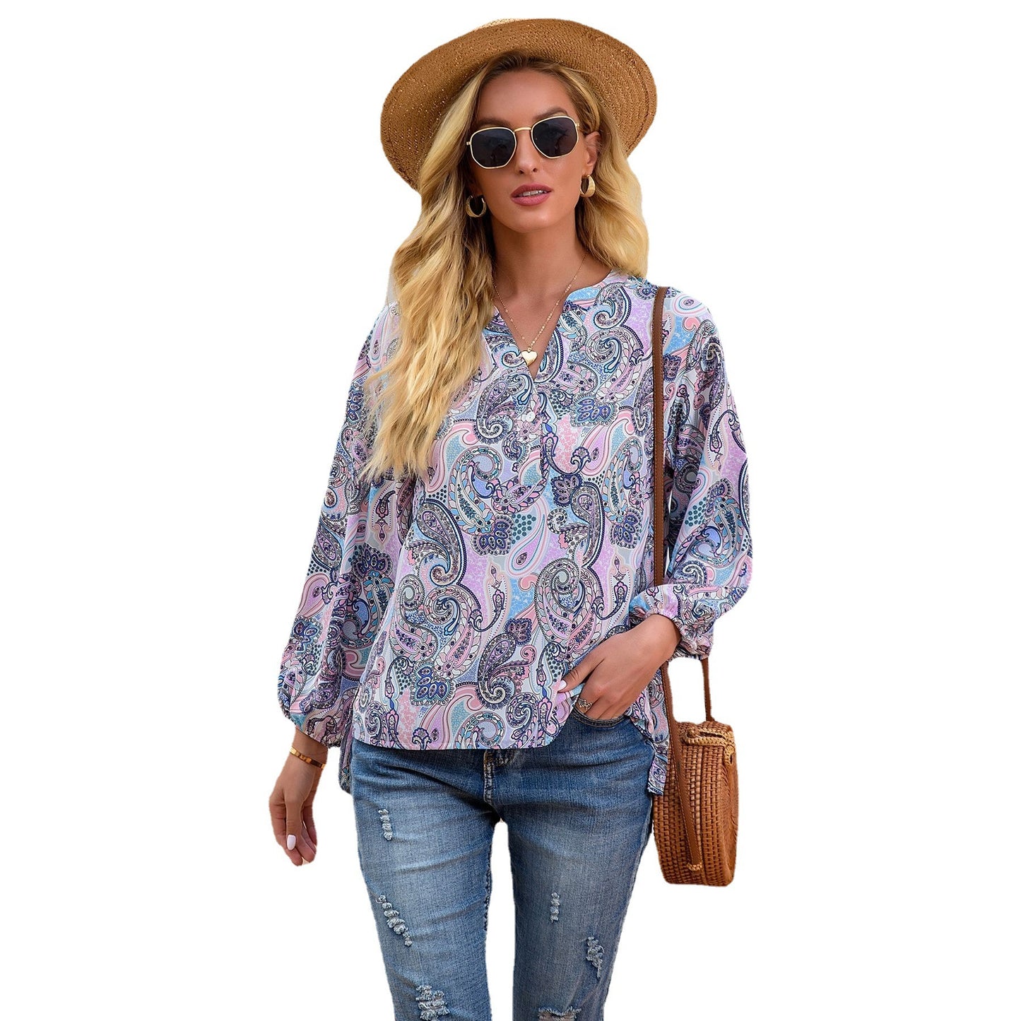 Women's Fashion Personality Printed V-neck Long-sleeved T-shirt
