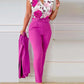 Ensemble haut et pantalon imprimé à manches volantées et ceinture, couleur unie