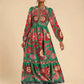 Printed Flared Skirt Long Sleeve Lace Up Casual Dress