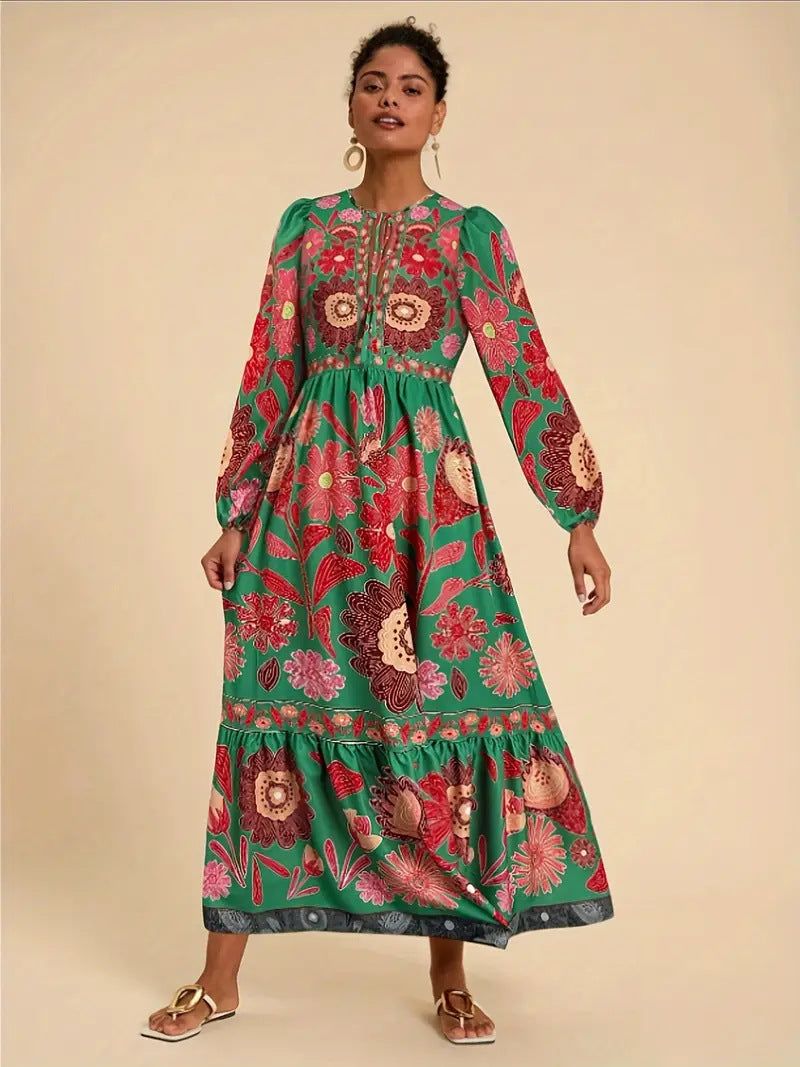 Printed Flared Skirt Long Sleeve Lace Up Casual Dress