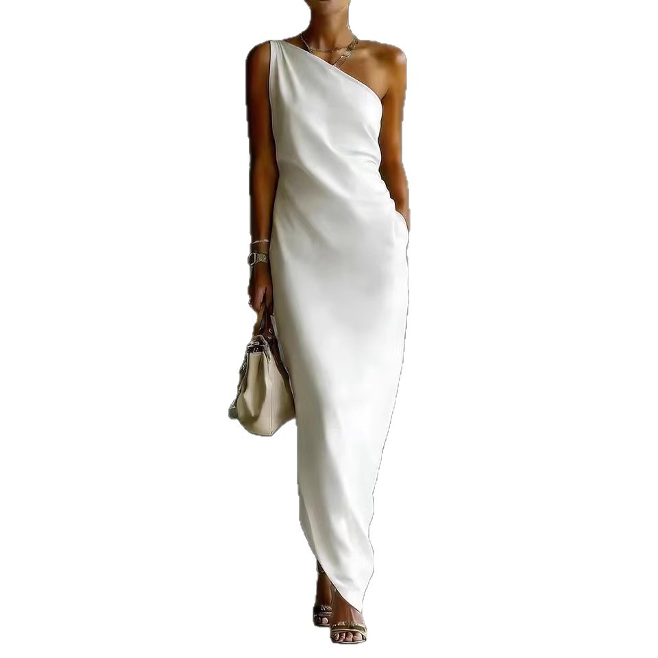 Elegant Satin Off-shoulder Draping Slim-fit Maxi Dress