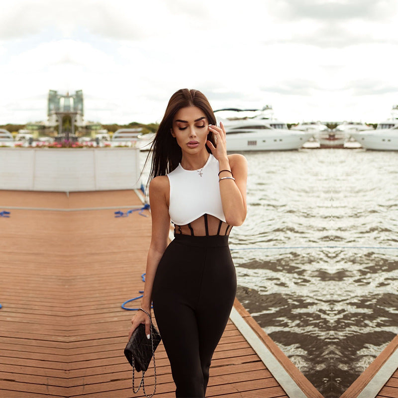 Cross-border Black And White Stitching Mesh See-through Women's Tight Dress