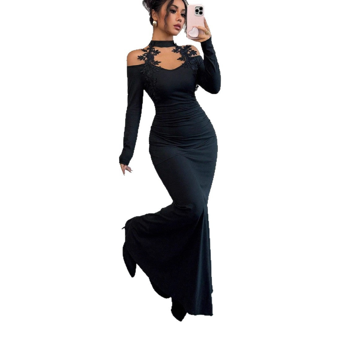 Long-sleeved Form-fitting Ball Gown Party Dress With A Sexy Long Skirt