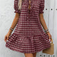 Plaid Drawstring Puff Sleeve Bohemian Dress