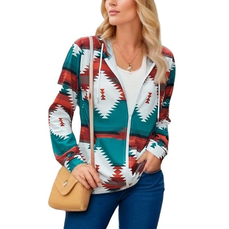Women's Casual Geometric Loose Hooded Pocket Jacket