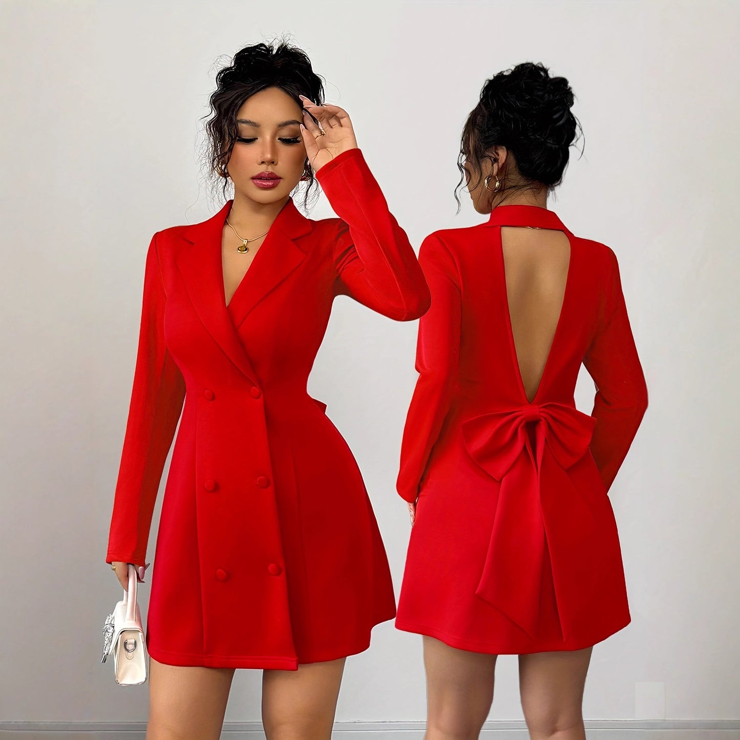 V-neck Backless Bow-knot Short Sleeve Mini Dress