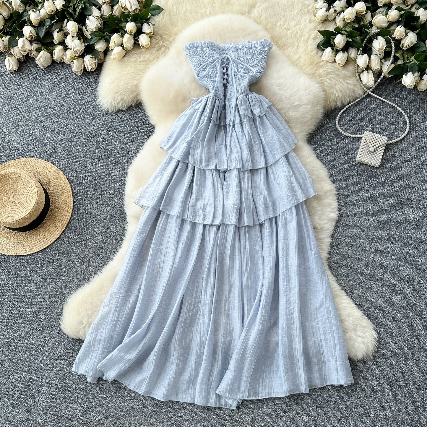Design Sense Lace-up Waist-controlled Sleeveless Tube Top Ruffled Long Skirt