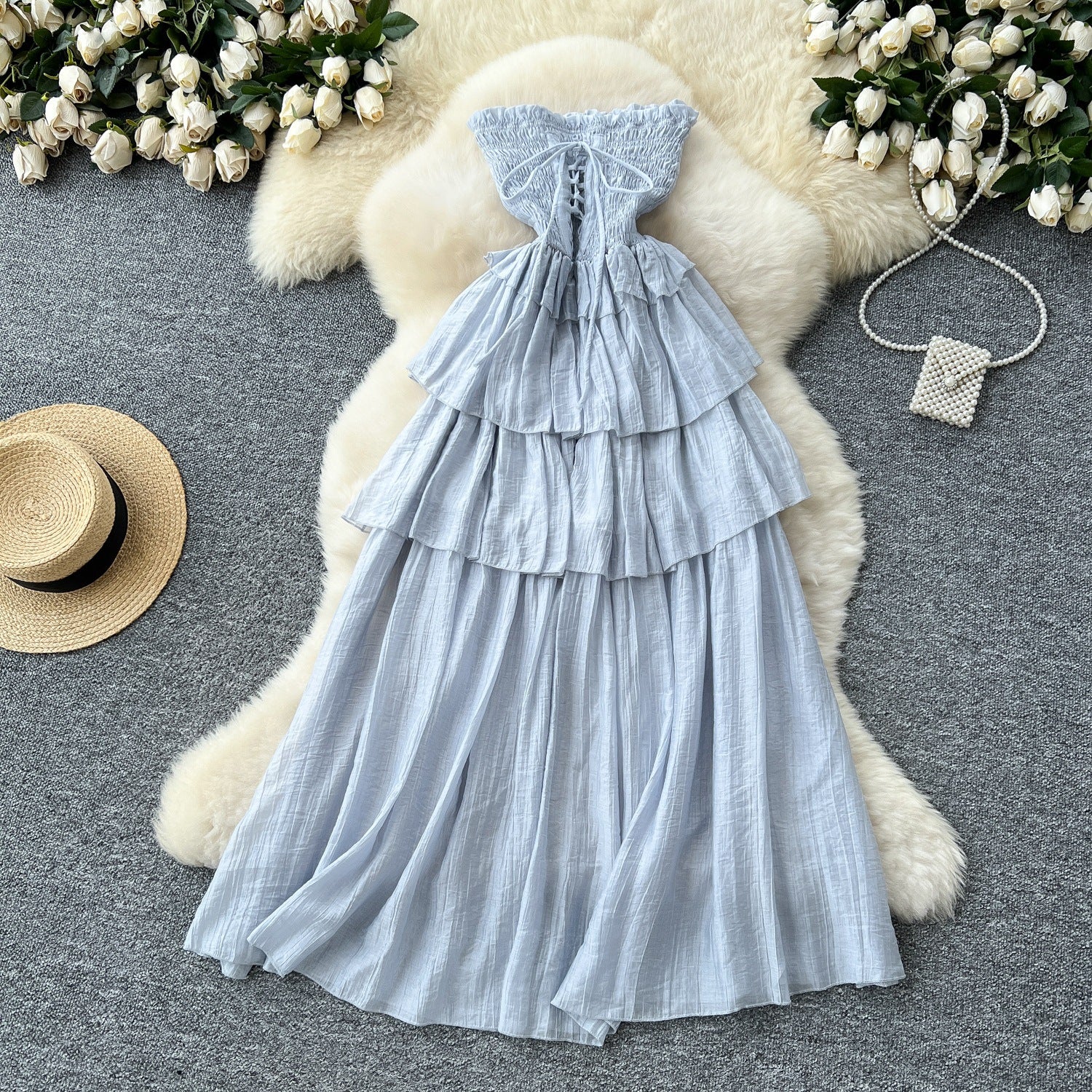 Design Sense Lace-up Waist-controlled Sleeveless Tube Top Ruffled Long Skirt