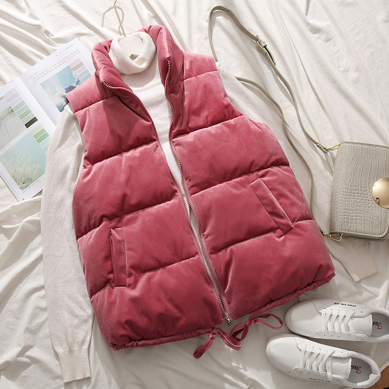 Gold Velvet Cotton Women's Short Loose Padded Vest