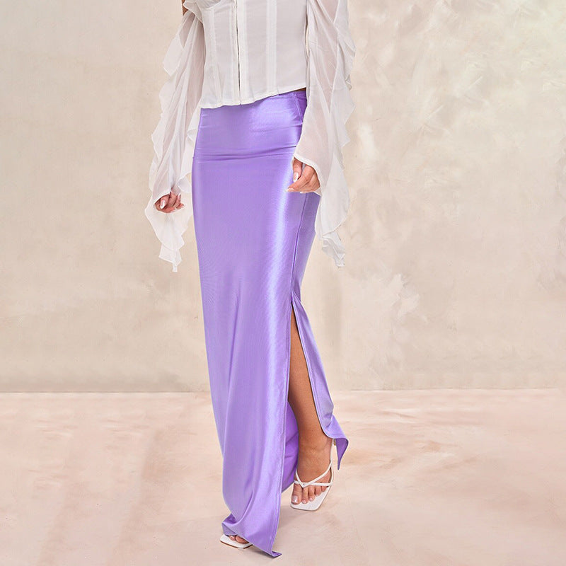 Jupe fourreau mi-longue taille haute en satin multicolore drapé européen et américain d'été