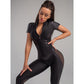 Combinaison de sport à manches mi-longues et fermeture éclair en maille noire pour femme
