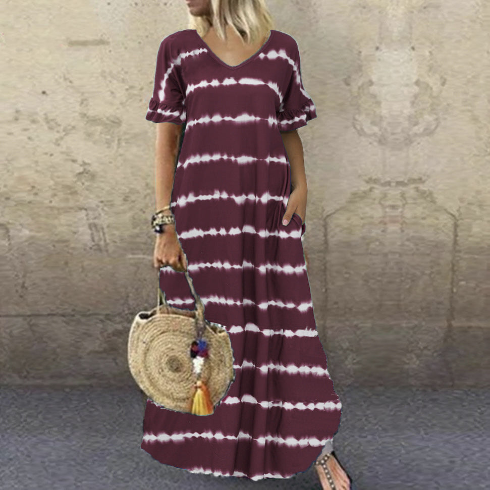 V-neck Ruffled Sleeve Striped Print Dress